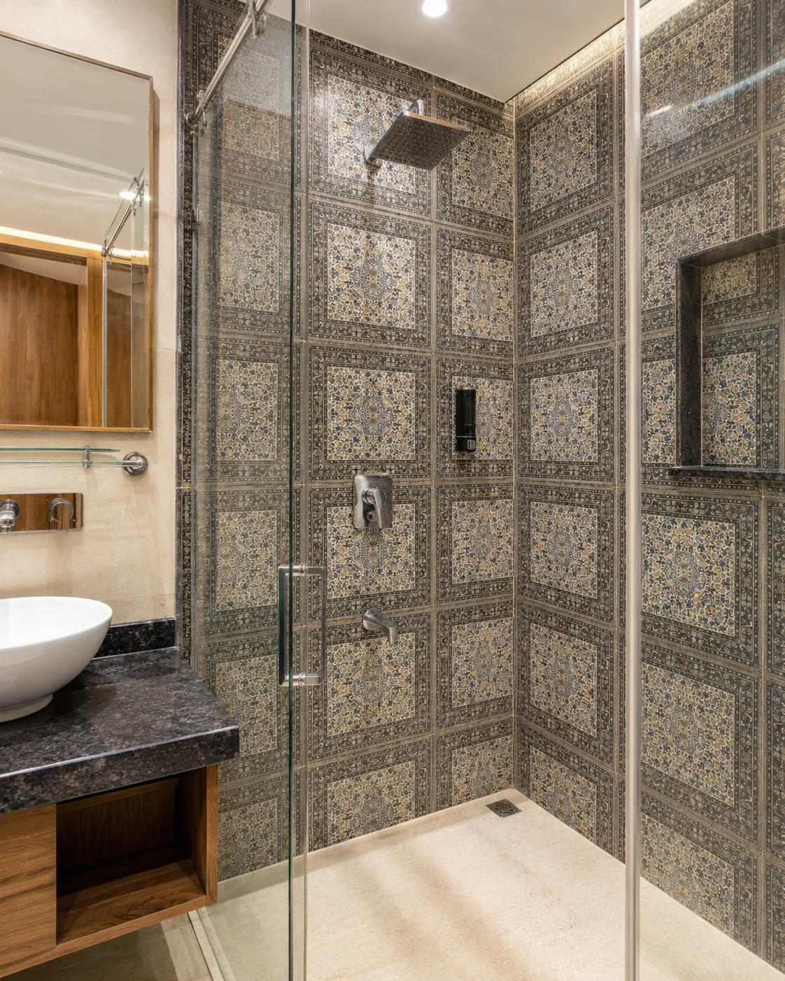 Elegant marble bathroom vanity sink at our premium premium Dehradun homestay